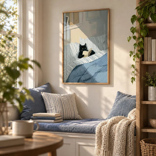 Cat Reading Book Wall Art, framed on the wall of a cosy reading nook by a window in a living room