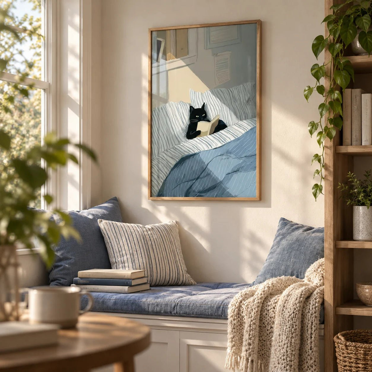 Cat Reading Book Wall Art, framed on the wall of a cosy reading nook by a window in a living room