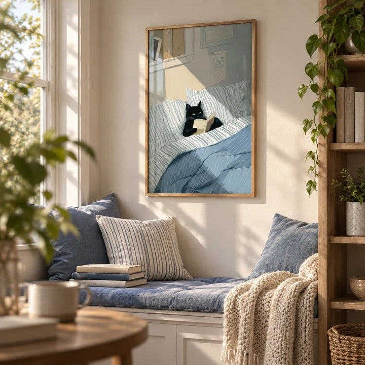 Cat Reading Book Wall Art, framed on the wall of a cosy reading nook by a window in a living room