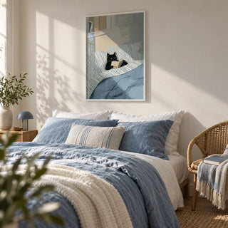 Cat Reading Book Wall Art, framed on the wall of a light guest bedroom