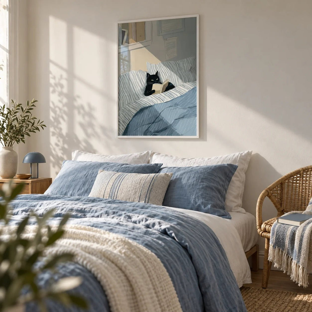 Cat Reading Book Wall Art, framed on the wall of a light guest bedroom