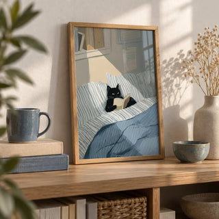 Cat Reading Book Wall Art, a small A4 framed print leaning on a bookshelf in a living room