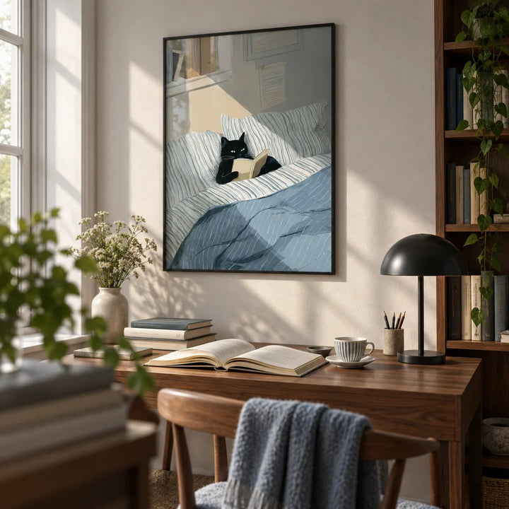Cat Reading Book Wall Art, framed on the wall of a small home library in a home office