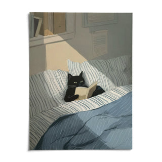 Cat Reading Book Wall Art, shown as an unframed paper print on a plain white background