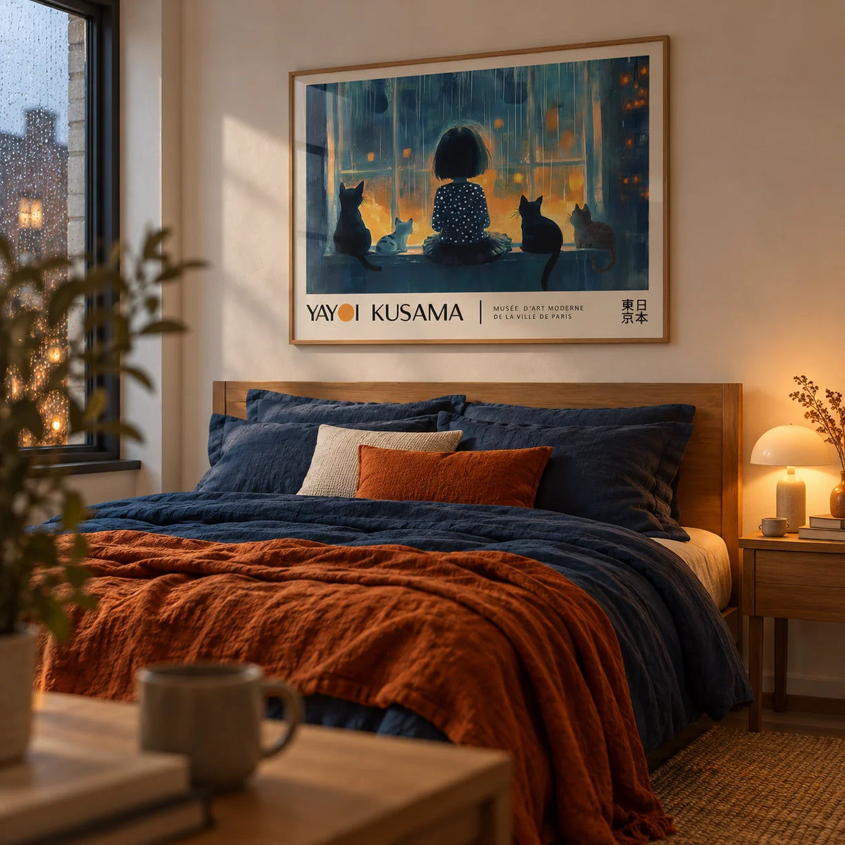 Cat Wall Decor, framed on the wall of a calm cosy bedroom with a warm white wall