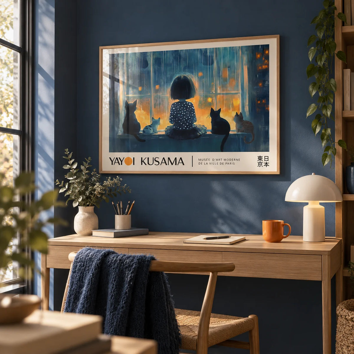 Cat Wall Decor, framed on the wall of a calm study corner with a deep blue wall