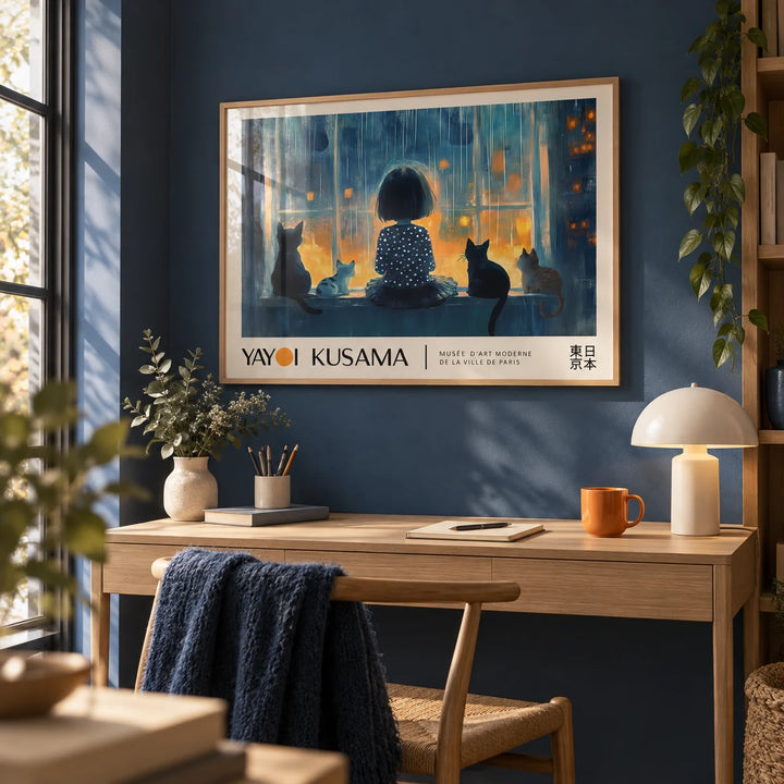 Cat Wall Decor, framed on the wall of a calm study corner with a deep blue wall