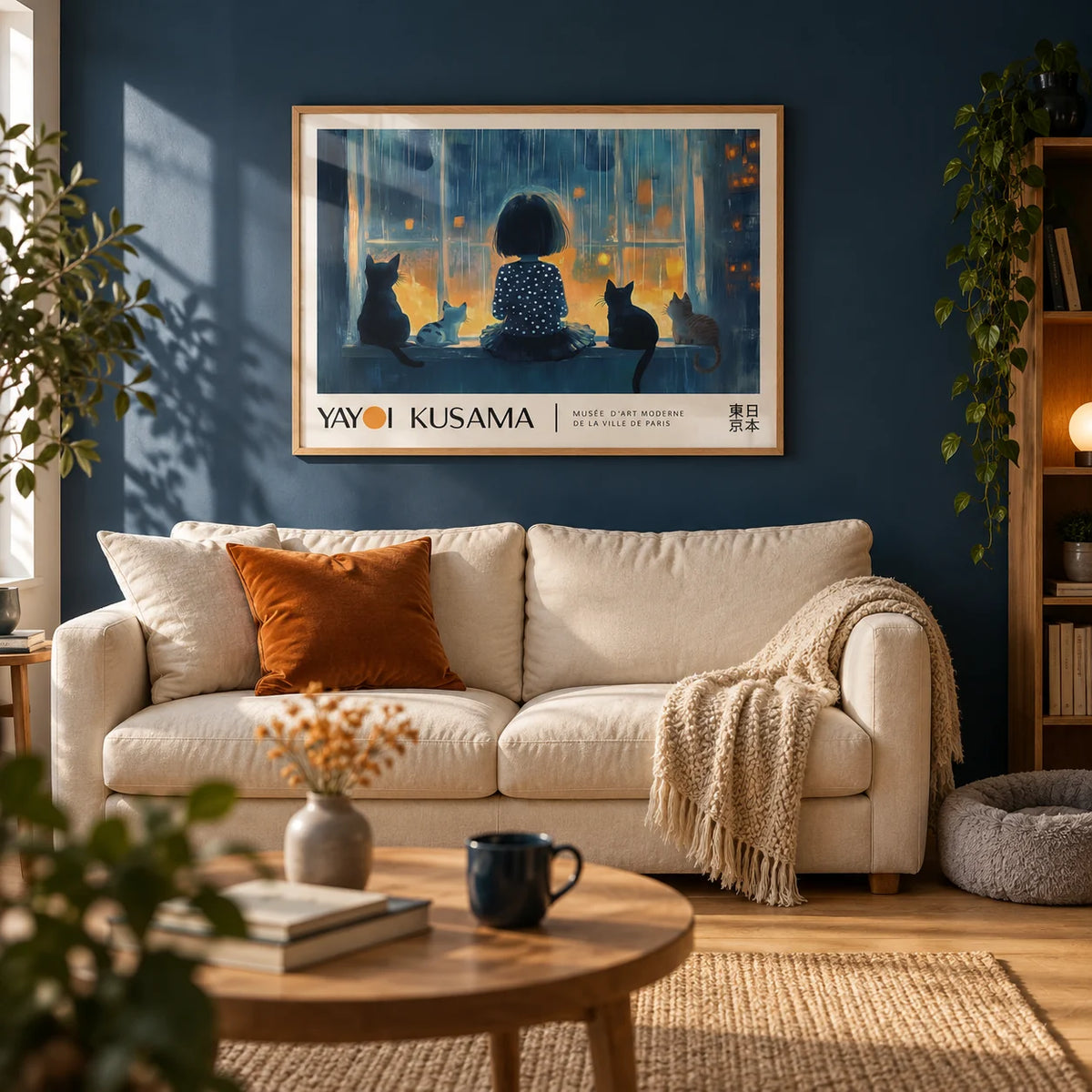 Cat Wall Decor, framed on the wall of a cosy living room with a deep blue painted wall and a light oak floor