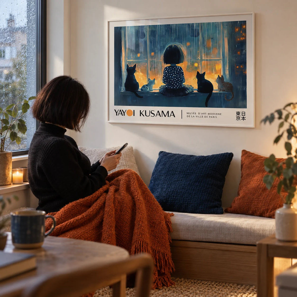 Cat Wall Decor, framed on the wall of a cosy window seat corner with a cream wall and rain on the window in a living room