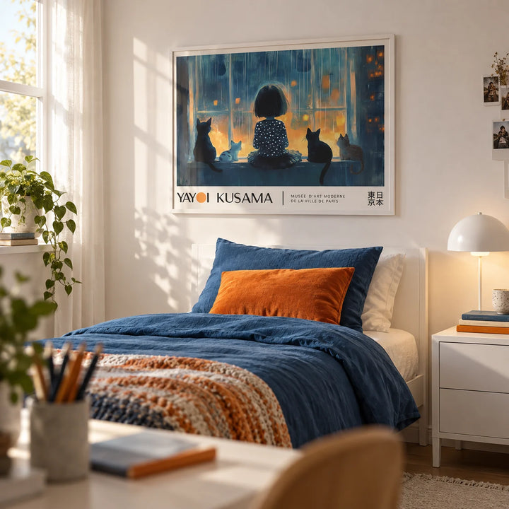 Cat Wall Decor, framed on the wall of a pretty single bedroom for a teen girl (13-17) with a soft white wall