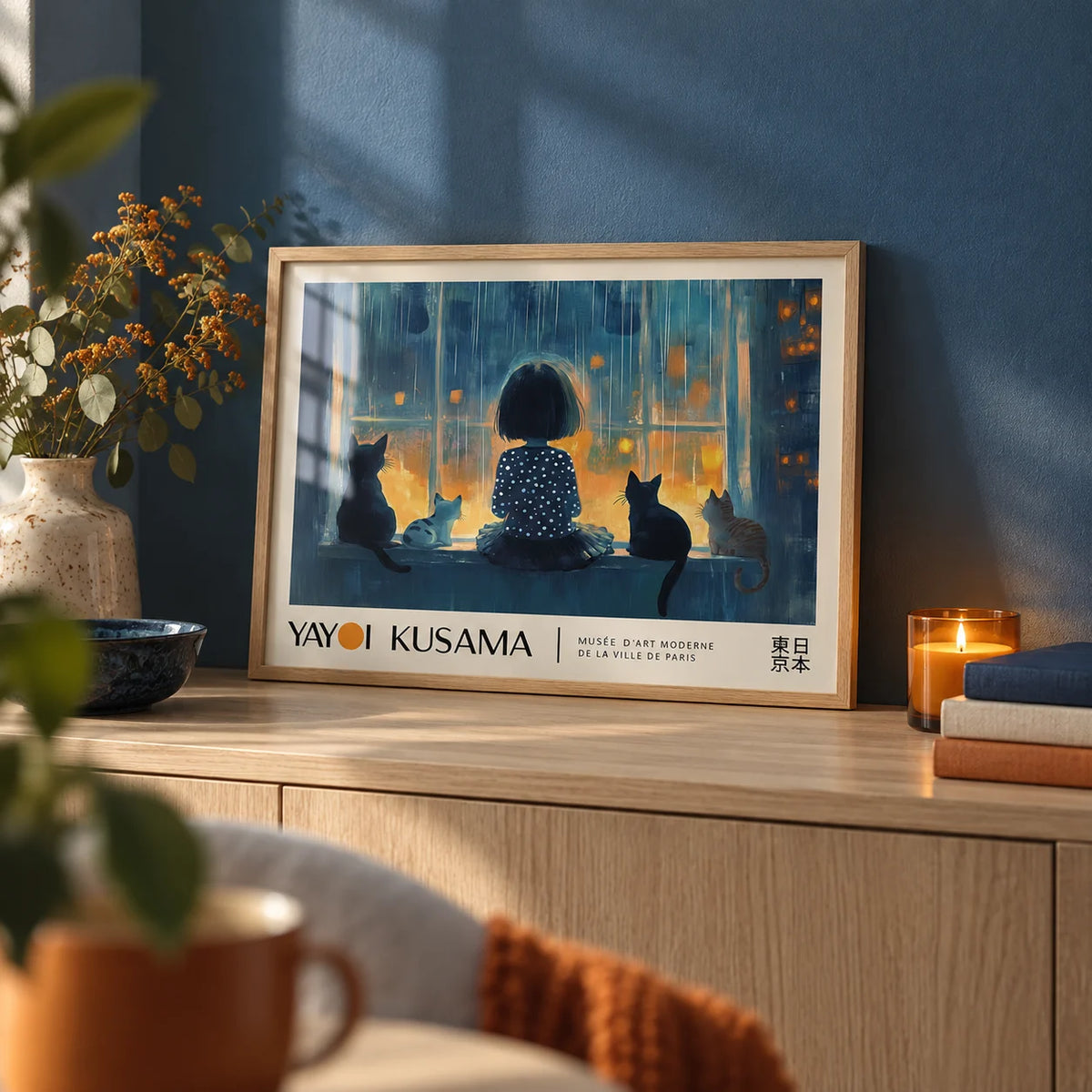 Cat Wall Decor, a small A4 framed print leaning on a pale oak shelf in a living room