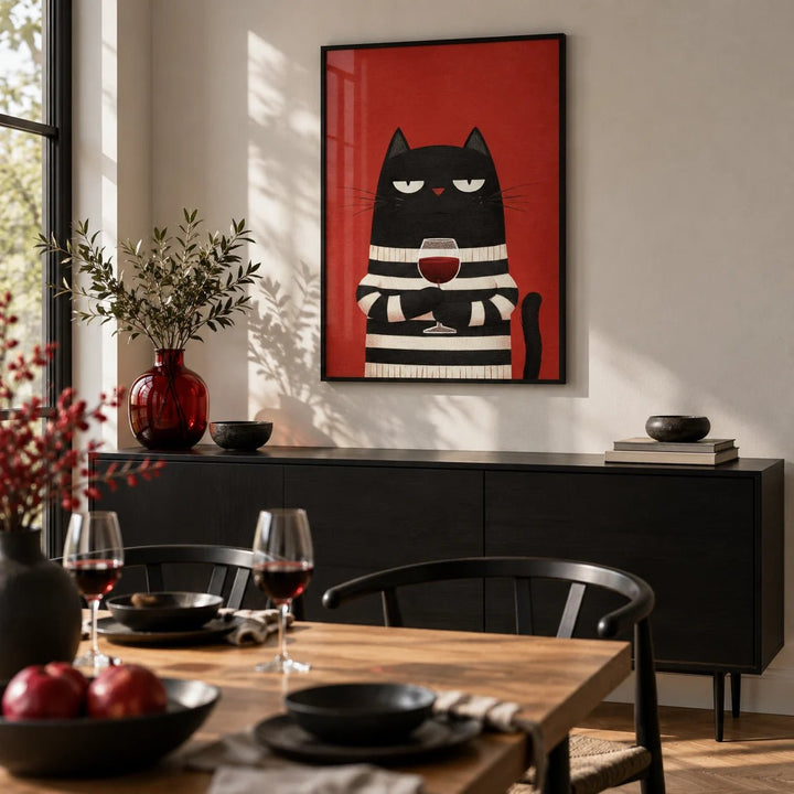 Cat Wine Art, framed on the wall of a modern dining room