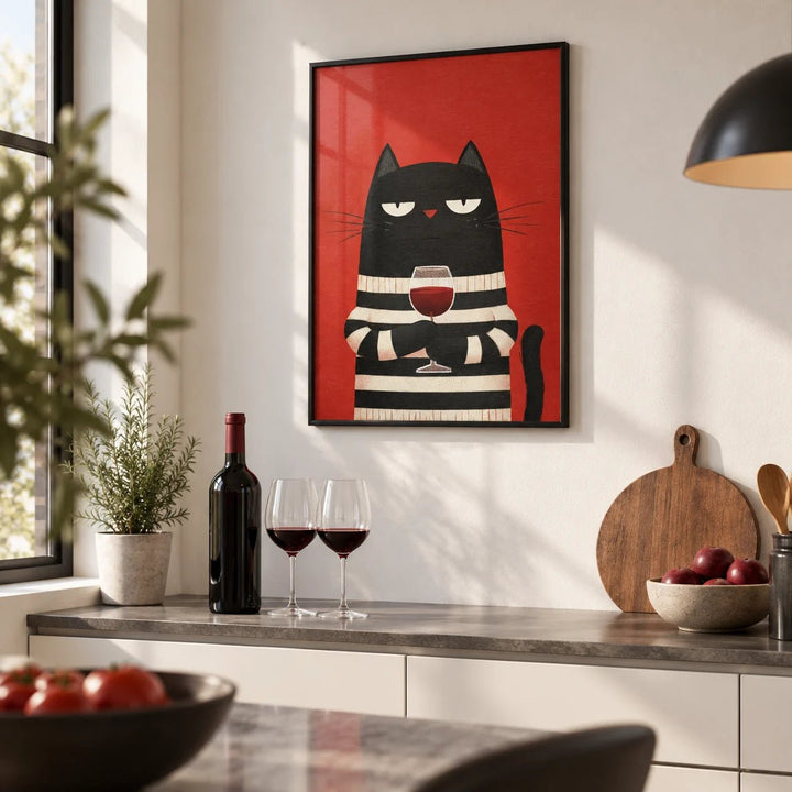 Cat Wine Art, framed on the wall of a modern kitchen