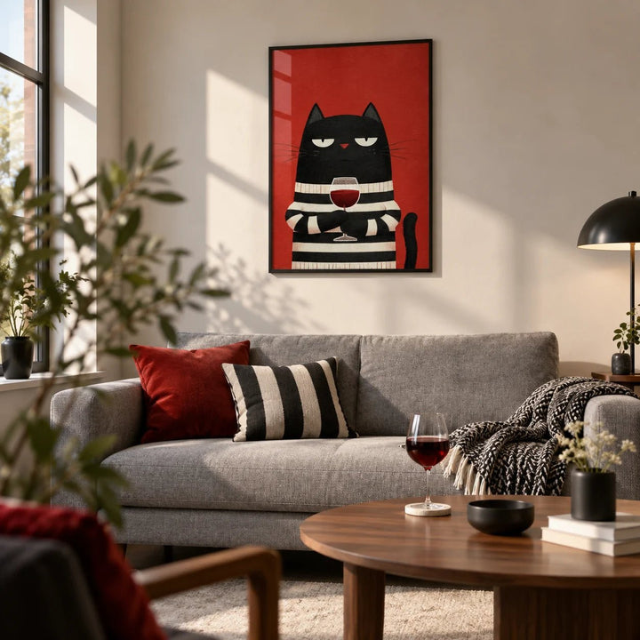 Cat Wine Art, framed on the wall of a modern living room