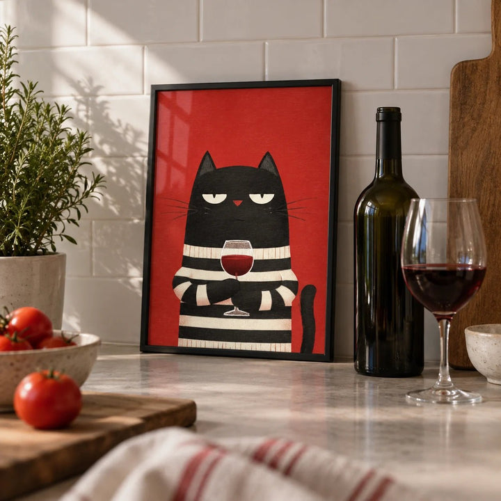 Cat Wine Art, a small A4 framed print leaning on a worktop in a kitchen