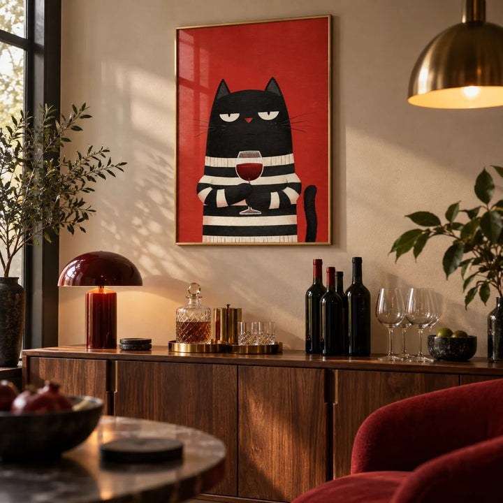 Cat Wine Art, framed on the wall of a stylish home bar corner in a living room