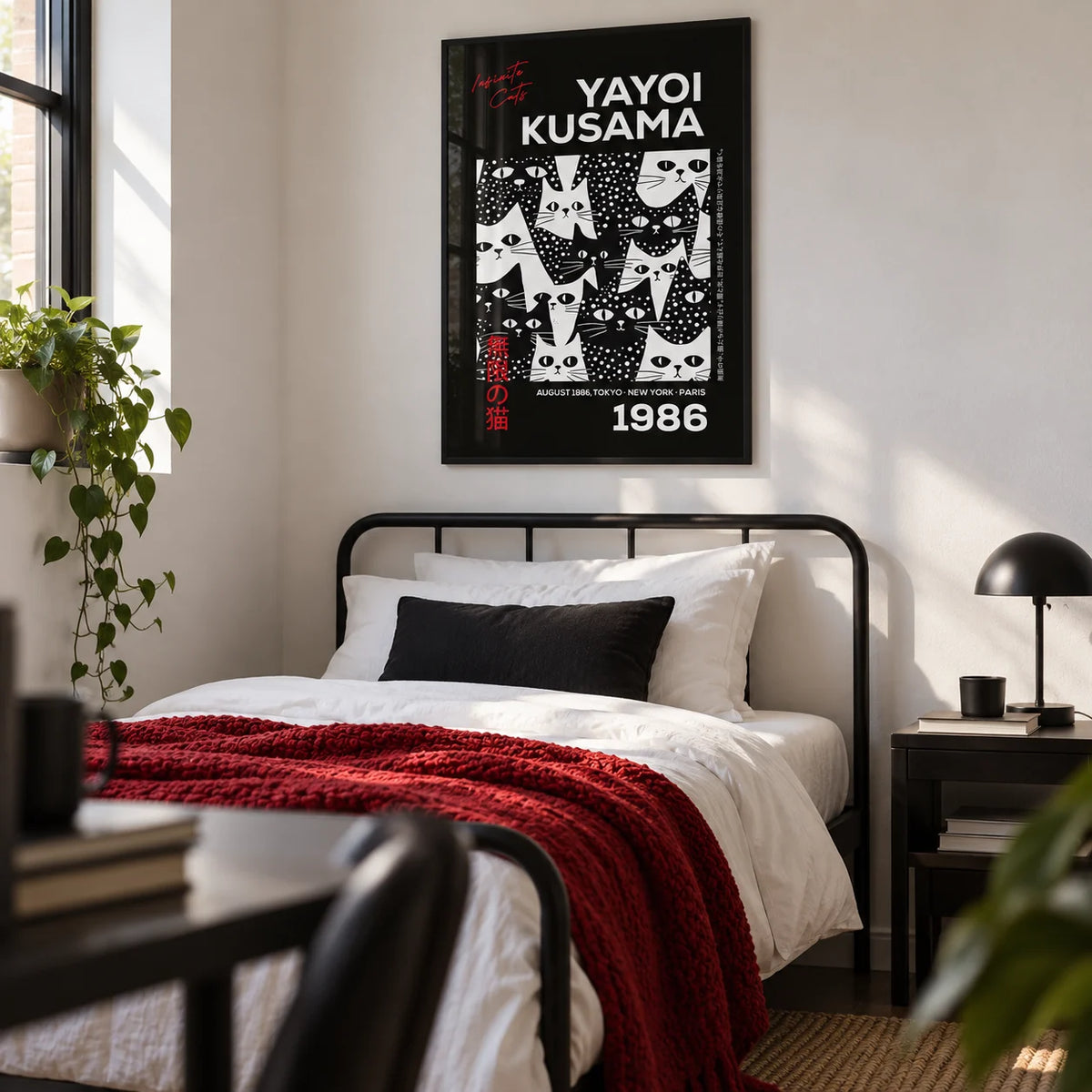Cats Black Poster, framed on the wall of a bold monochrome single bedroom for a young adult (18-25) with a white wall
