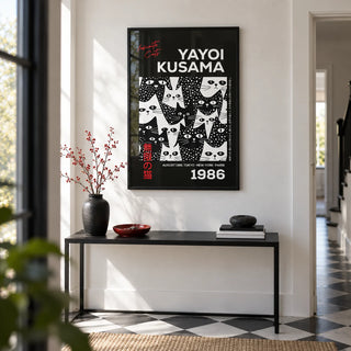 Cats Black Poster, framed on the wall of a crisp hallway with a white wall and a black and white plain floor