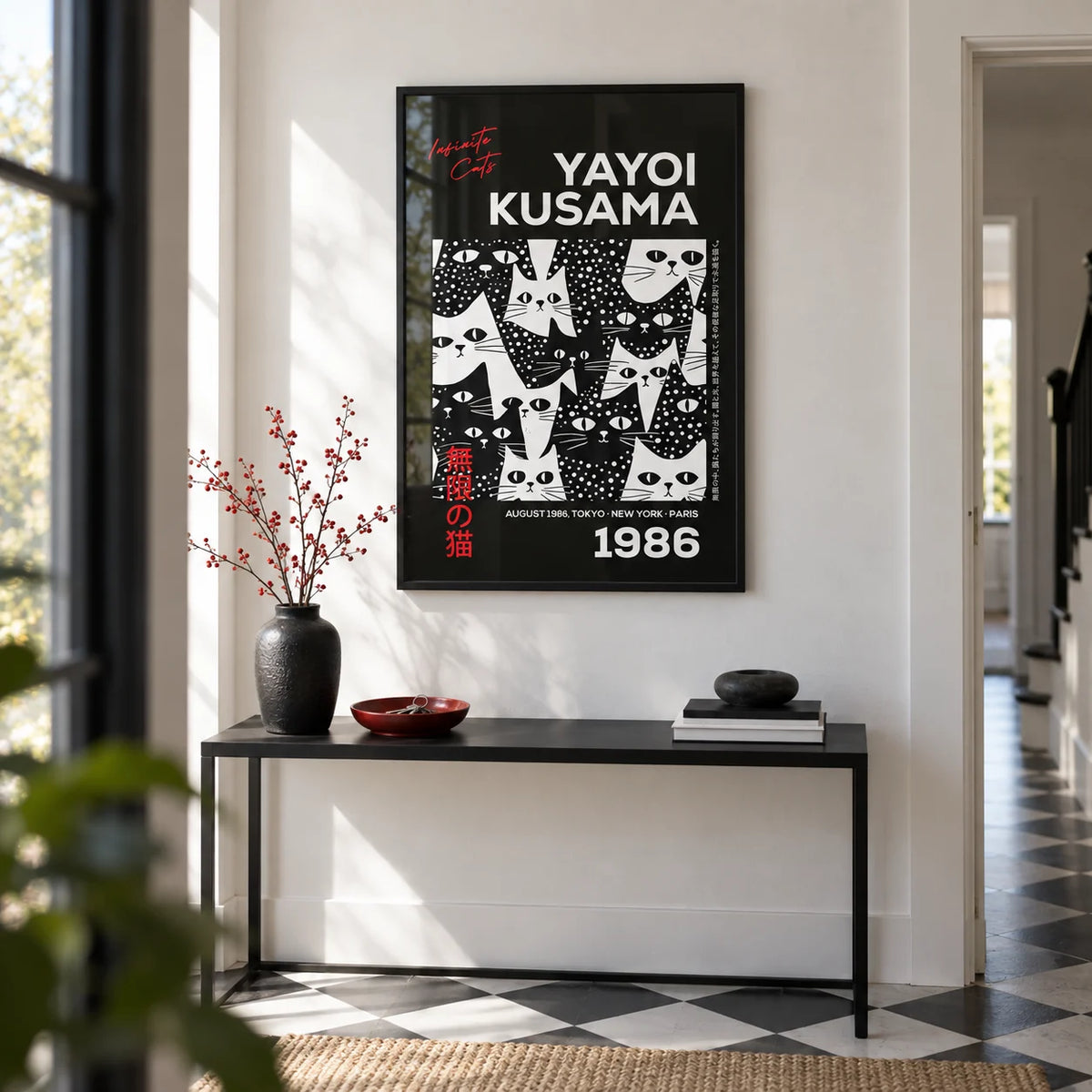 Cats Black Poster, framed on the wall of a crisp hallway with a white wall and a black and white plain floor