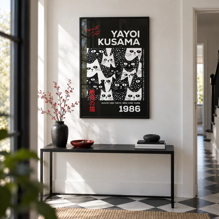 Cats Black Poster, framed on the wall of a crisp hallway with a white wall and a black and white plain floor