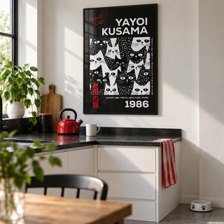 Cats Black Poster, framed on the wall of a crisp white kitchen with a black worktop