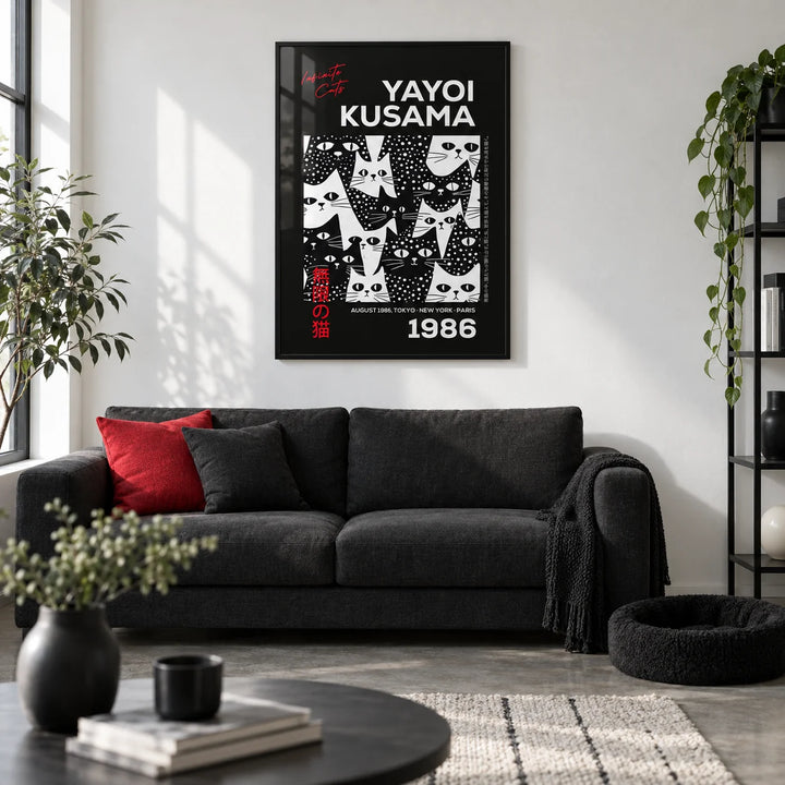 Cats Black Poster, framed on the wall of a design-led monochrome city flat living room with a white wall and a polished concrete floor