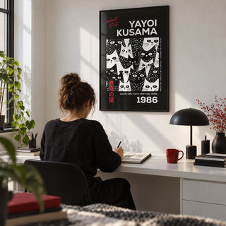 Cats Black Poster, framed on the wall of a modern desk corner in a first flat (22-28) with a white wall