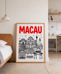 Line-drawn Macau skyline poster with church facade and observation tower