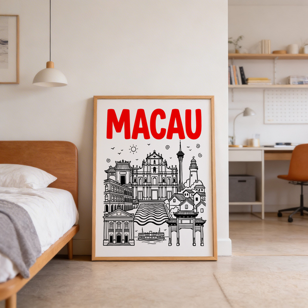 Line-drawn Macau skyline poster with church facade and observation tower