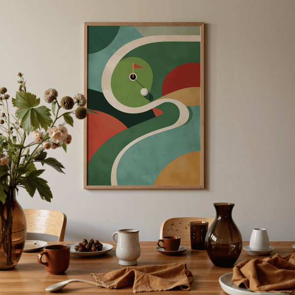 Stylized golf poster print with circular green, red flag, and rounded shapes