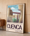 Depicting a rope climber ascending a rock face near a skybridge, Rock Climbing Poster
