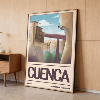 Depicting a rope climber ascending a rock face near a skybridge, Rock Climbing Poster