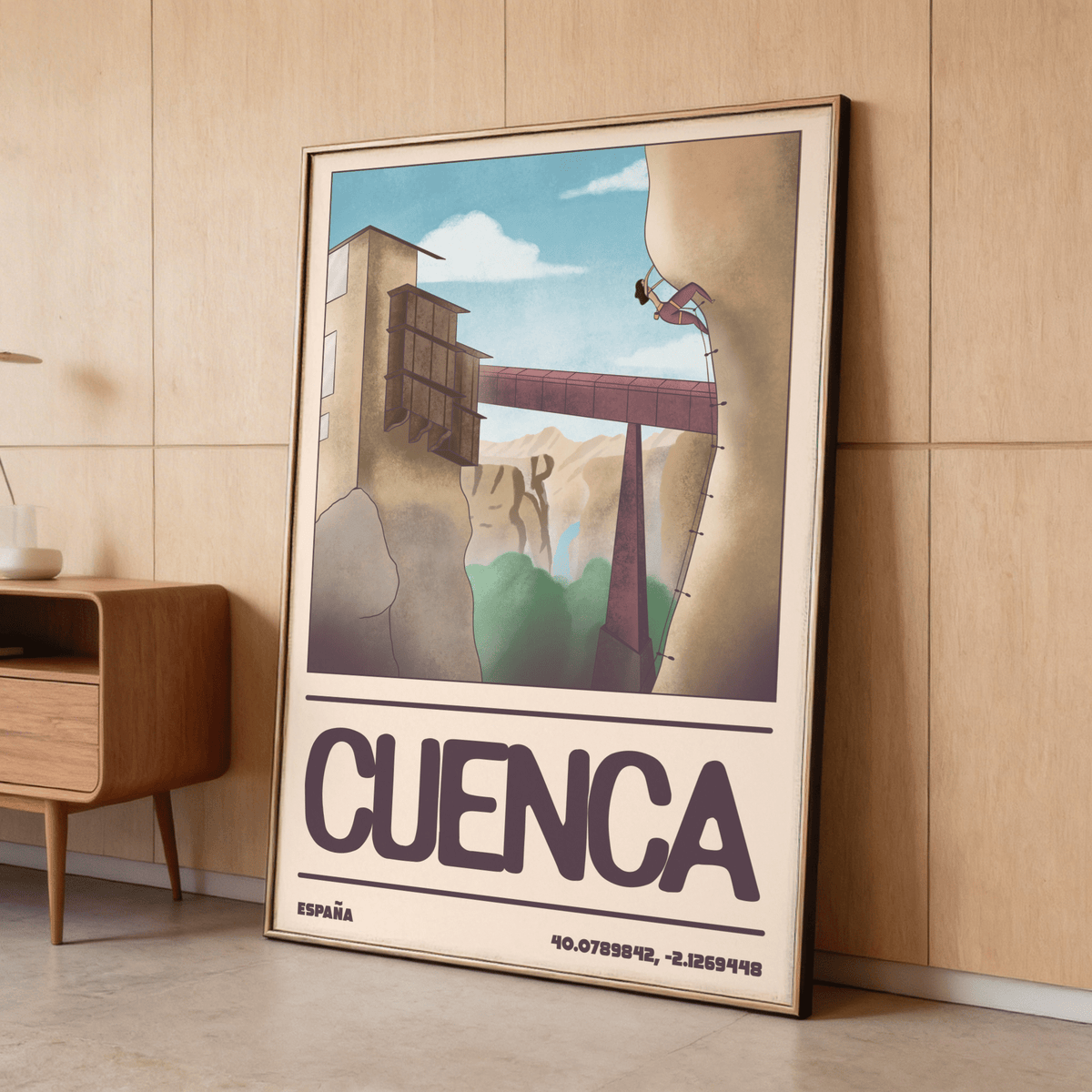 Depicting a rope climber ascending a rock face near a skybridge, Rock Climbing Poster