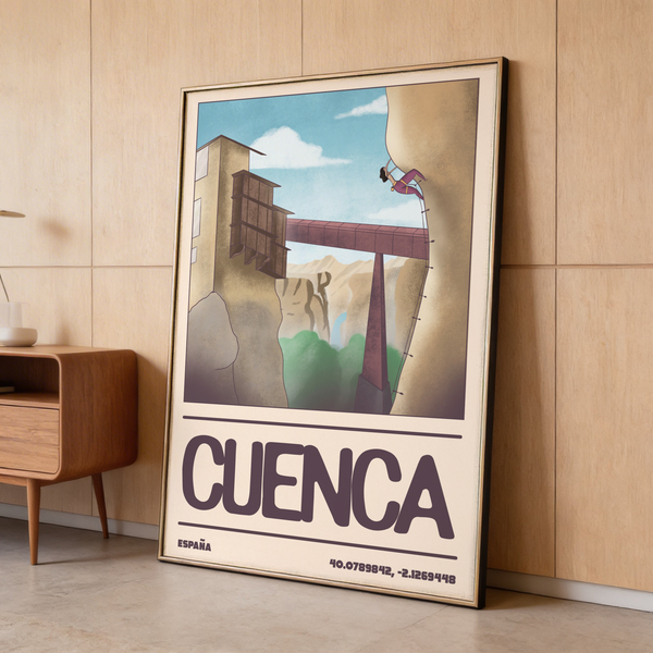 Depicting a rope climber ascending a rock face near a skybridge, Rock Climbing Poster