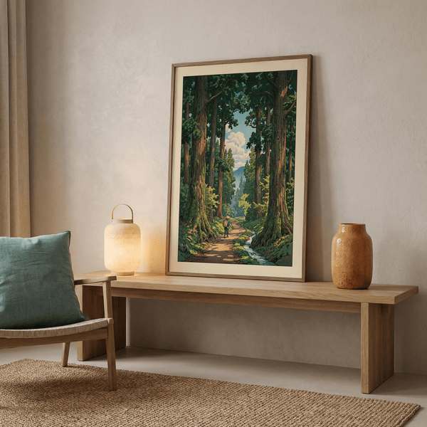 Quiet trail through a forest wall art print with a lone walker and sunlight patches on the ground