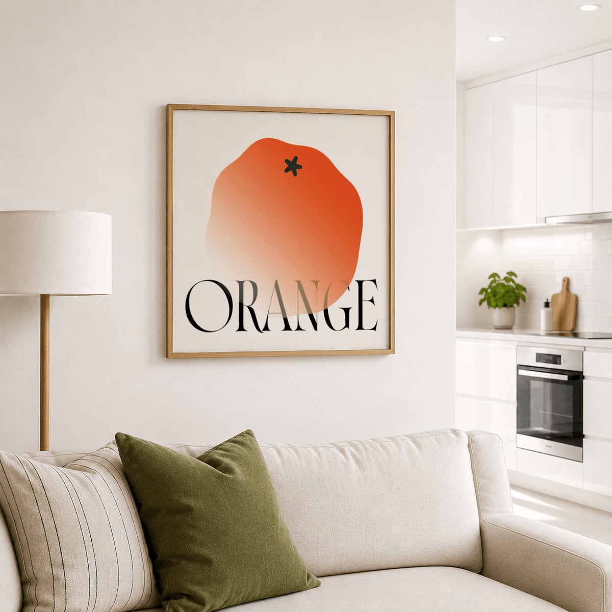 Modern fruit poster print with simple orange graphic and oversized title text