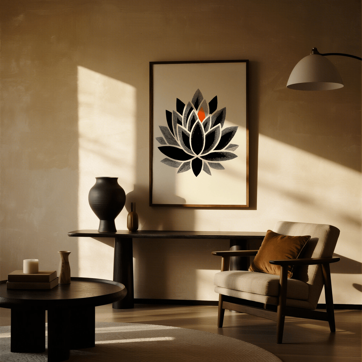 Lotus Art Print showing a centered lotus with layered petals and etched detailing