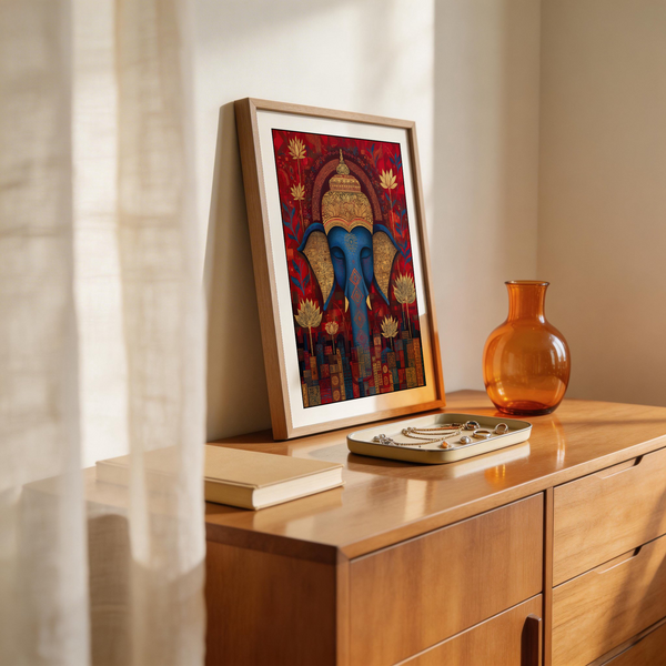 Decorative poster showing a blue elephant head with gold crown and patterned city blocks