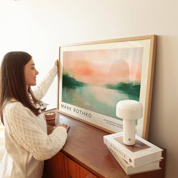 Serene abstract landscape art in soft greens and peach tones​