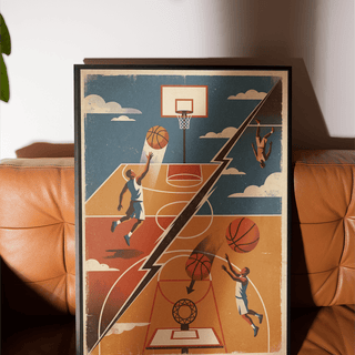 Retro sports wall art featuring jump shots, clouds, and halftone texture