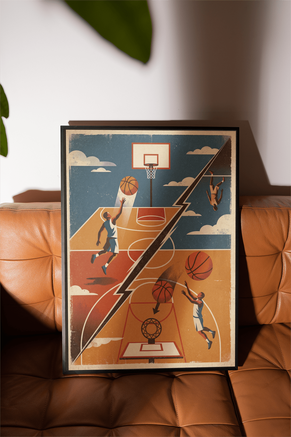 Retro sports wall art featuring jump shots, clouds, and halftone texture