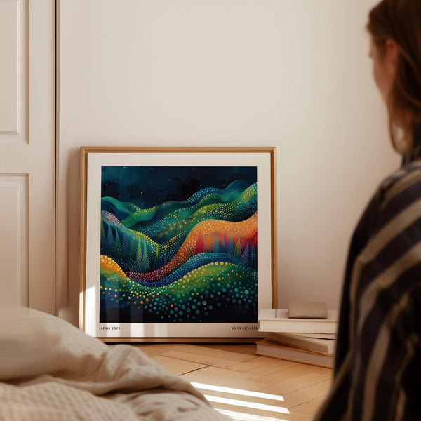 Fantasy-inspired scenic wall art featuring Yayoi Kusama motif