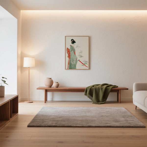 Woman with sword in traditional kimono in minimalist Japanese Watercolor Art.