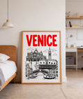 Venice Landmark Art Print with black line illustration of basilica and canal scene