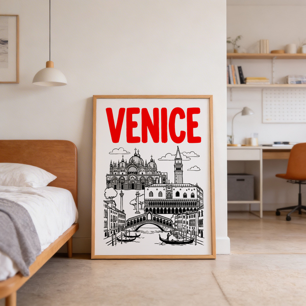Venice Landmark Art Print with black line illustration of basilica and canal scene