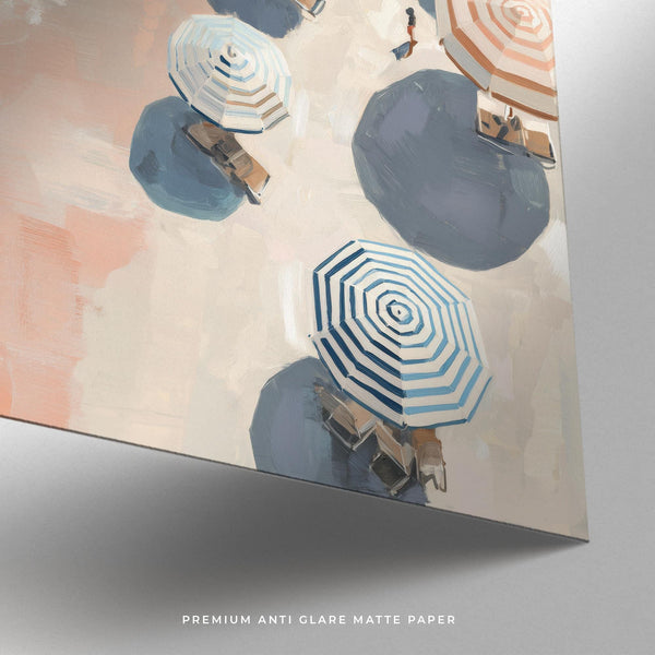 Blue and white striped umbrellas in an artistic beach umbrella print.