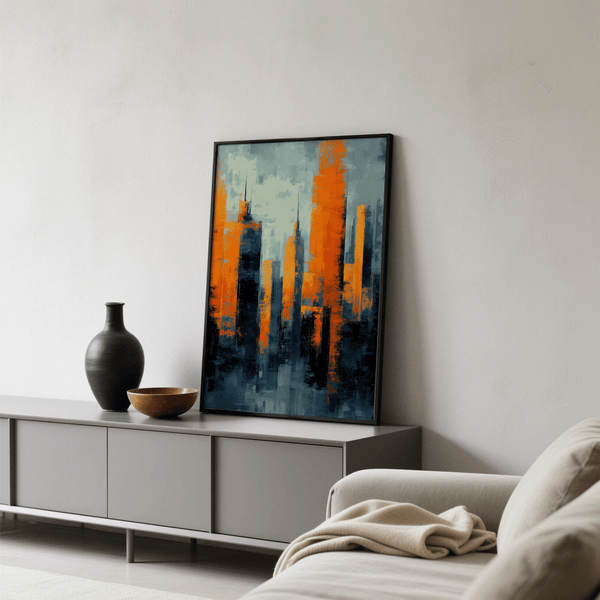 Contemporary Urban Art piece with gray and orange, perfect for modern homes