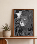 Detailed wildlife poster print showing a lion face, flowing mane, and patterned vegetation