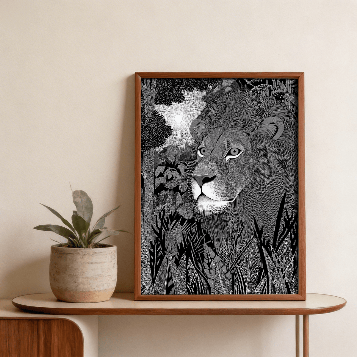 Detailed wildlife poster print showing a lion face, flowing mane, and patterned vegetation