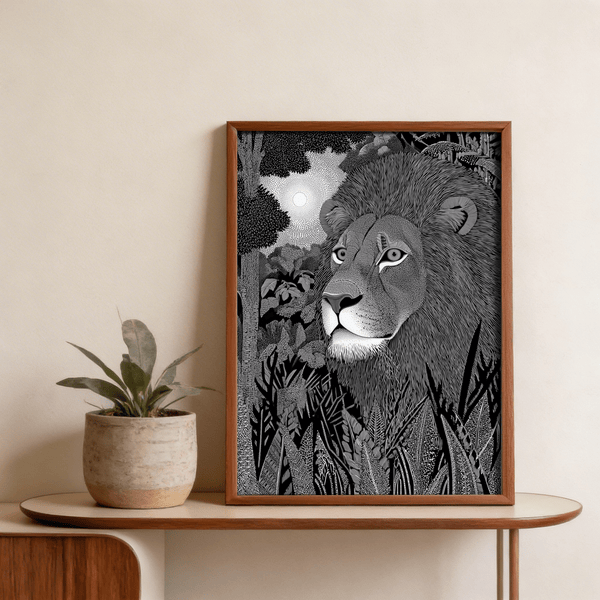 Detailed wildlife poster print showing a lion face, flowing mane, and patterned vegetation